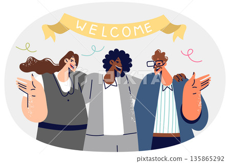 Friendly business people invite you to join team, standing under banner that says welcome 135865292