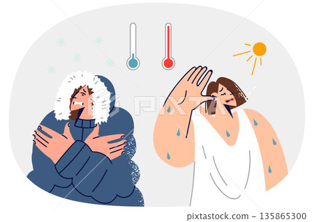 Sudden changes weather cause suffering in woman, sweating from heat or shivering from cold Sudden changes weather cause suffering in woman, sweating from heat or shivering from cold 135865300