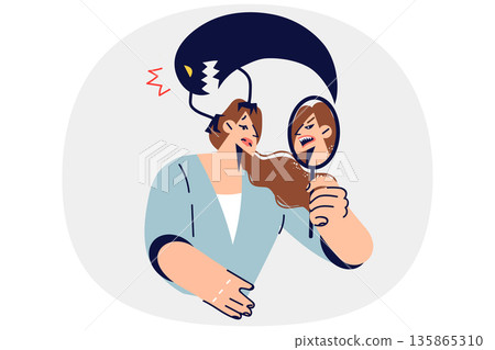 Woman with low self-esteem looks in mirror and sees evil reflection, standing with ghost above head Woman with low self-esteem looks in mirror and sees evil reflection, standing with ghost above head 135865310