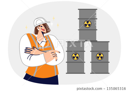 Woman stands near barrels of radioactive waste, calling for proper handling of toxic substances 135865316