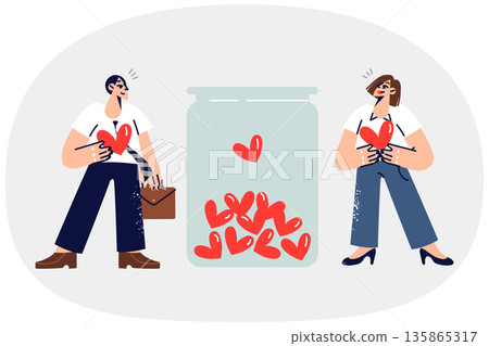 Man and woman act as donors collecting blood for people in need, standing near jar with hearts 135865317