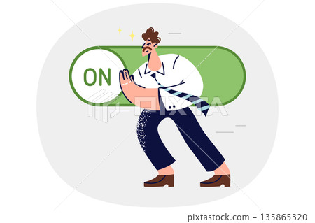 Business man presses switch to launch new advertising campaign to attract customers for corporation 135865320