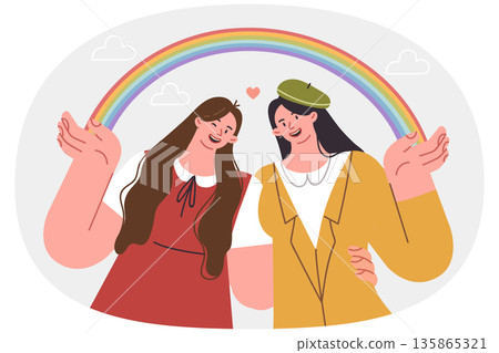 Lesbian girls hug holding LGBT rainbow, calling for fight for rights of sexual minorities Lesbian girls hug holding LGBT rainbow, calling for fight for rights of sexual minorities 135865321