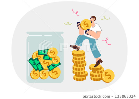 Rich man saves money by putting coins in transparent jar to accumulate reserve capital Rich man saves money by putting coins in transparent jar to accumulate reserve capital 135865324