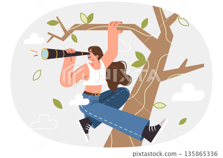 Curious woman looks through telescope climbing tree, spying on neighbors or looking for way home 135865336