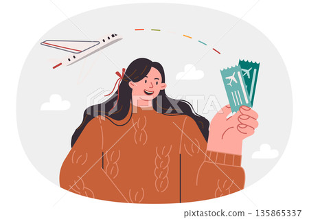 Woman holds plane tickets, offering to fly together on vacation or go on summer trip around world Woman holds plane tickets, offering to fly together on vacation or go on summer trip around world 135865337