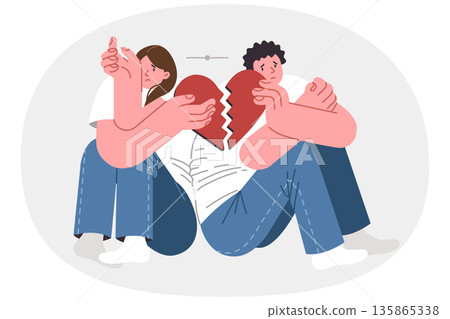 Quarreling couple of man and woman breaking hearts, concept end love due to betrayal in married life Quarreling couple of man and woman breaking hearts, concept end love due to betrayal in married life 135865338