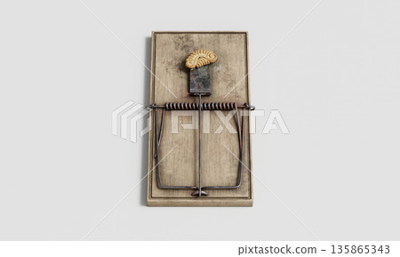 Vintage Wooden Mouse Trap with Cookie Bait. 3D Rendering. Vintage Wooden Mouse Trap with Cookie Bait. 3D Rendering. 135865343