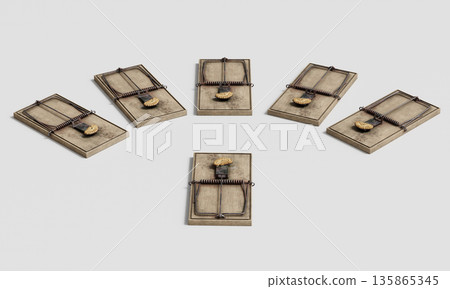 Vintage Wooden Mouse Trap with Cookie Bait. 3D Rendering. Vintage Wooden Mouse Trap with Cookie Bait. 3D Rendering. 135865345