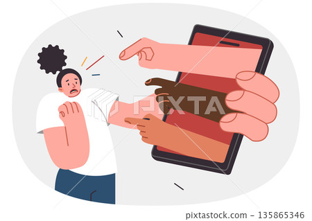 Problem cyber shaming and trolling of internet users over woman holding big phone with hands haters 135865346