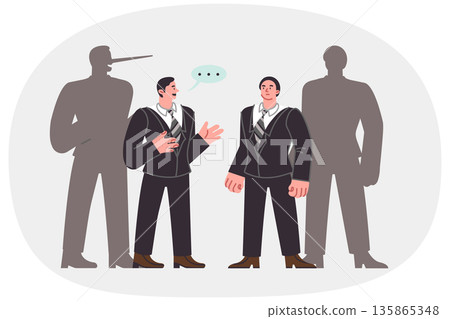 Deception in business negotiations between man and swindler, standing near shadow with long nose 135865348