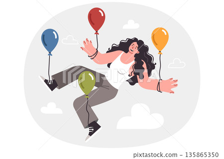 Serene woman feels freedom flying in sky on balloons, thanks to spiritual harmony and balance Serene woman feels freedom flying in sky on balloons, thanks to spiritual harmony and balance 135865350