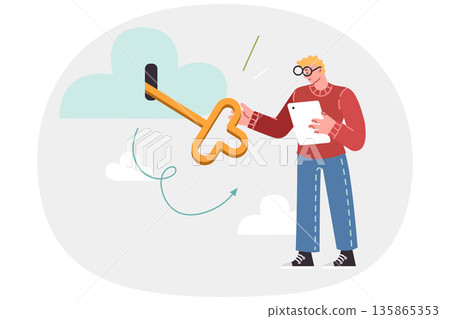 Man uses cloud technologies to store and process data, holds large key in hands to gain access Man uses cloud technologies to store and process data, holds large key in hands to gain access 135865353