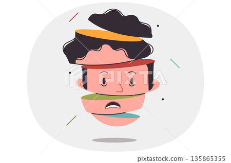 Head is man with personality disorder and psychological problems, with face divided into parts 135865355