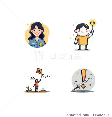 A collection of diverse cartoon characters and symbols, including a police officer, a happy person, a kite flyer, and a warning sign. 135865404