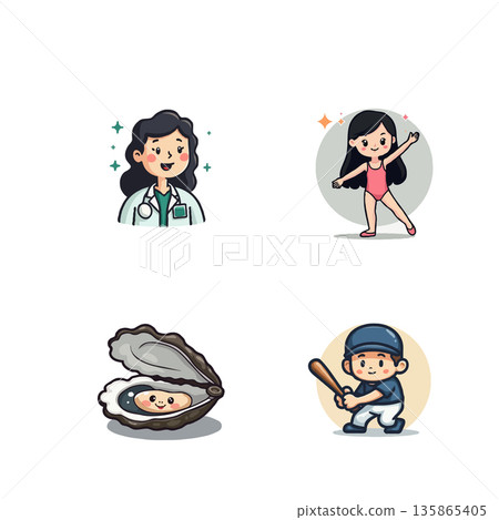 Adorable cartoon illustration featuring a doctor, ballerina, oyster with pearl, and baseball player. Perfect for children's content and cute designs. 135865405