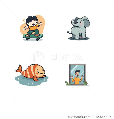 Illustration of cartoon characters, including a boy on a skateboard, an elephant, a fish, and a man in a mirror. Illustration of cartoon characters, including a boy on a skateboard, an elephant, a fish, and a man in a mirror. 135865406