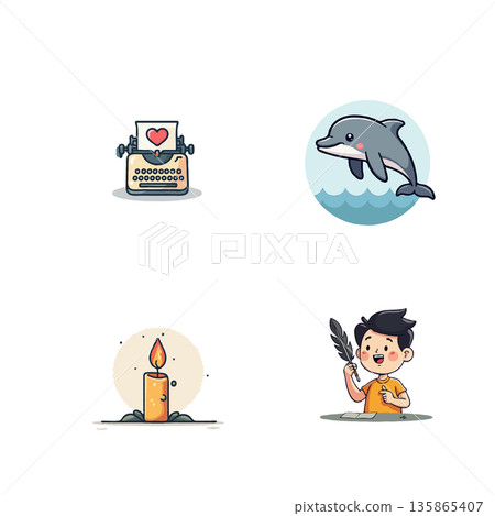 Collection of cute cartoon icons representing creative writing, inspiration, and storytelling concepts. Ideal for educational or artistic projects. 135865407