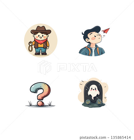 Collection of four cartoon characters: a cowboy, a boy blowing a paper airplane, a question mark, and a ghost. 135865414