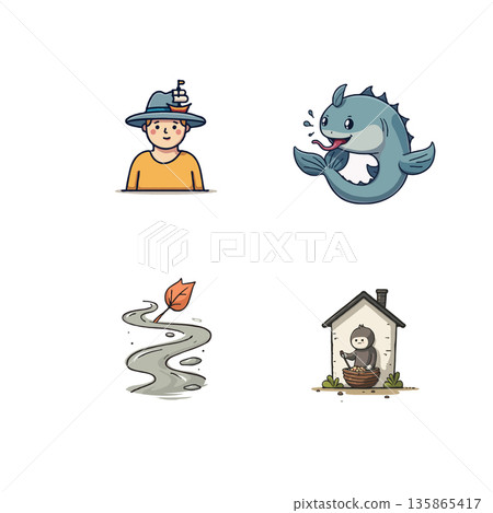 Collection of four cartoon illustrations featuring a person with a boat hat, a sea monster, a leaf on a path, and a character in a boat house. Collection of four cartoon illustrations featuring a person with a boat hat, a sea monster, a leaf on a path, and a character in a boat house. 135865417