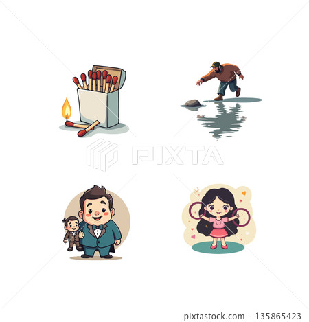 Collection of cartoon illustrations featuring a box of matches, a man throwing a stone, a family, and a girl with hula hoops. 135865423