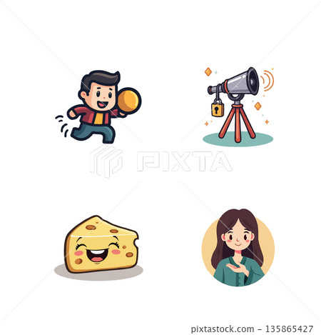 Collection of cute cartoon characters featuring a boy playing, a telescope, a happy cheese slice, and a friendly woman. Collection of cute cartoon characters featuring a boy playing, a telescope, a happy cheese slice, and a friendly woman. 135865427