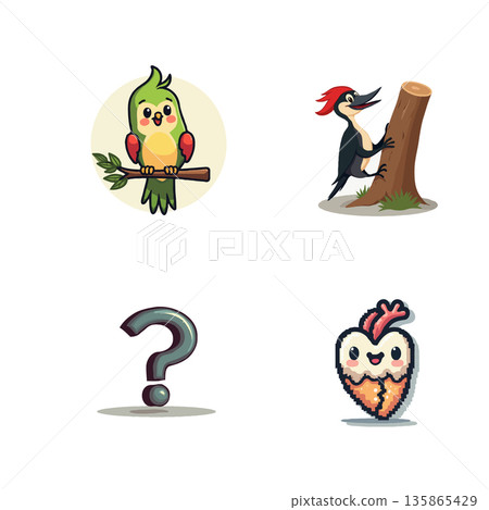 Collection of charming cartoon animals including a parrot, woodpecker, and a heart-shaped creature, plus a question mark. 135865429