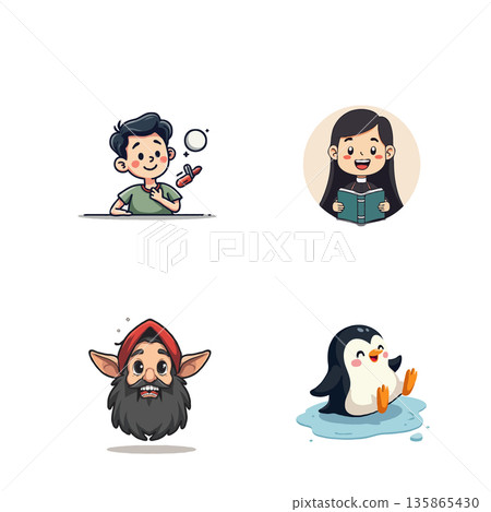 Diverse cartoon characters collection. Includes a boy, girl, dwarf, and penguin. Ideal for illustrations and designs. 135865430