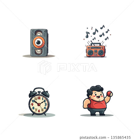 Collection of pixel art icons featuring vintage cassette, boombox, alarm clock, and a fitness enthusiast character. Collection of pixel art icons featuring vintage cassette, boombox, alarm clock, and a fitness enthusiast character. 135865435