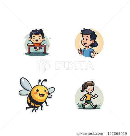 Collection of cartoon vector illustrations depicting children engaged in various physical activities, promoting healthy lifestyles. Collection of cartoon vector illustrations depicting children engaged in various physical activities, promoting healthy lifestyles. 135865439