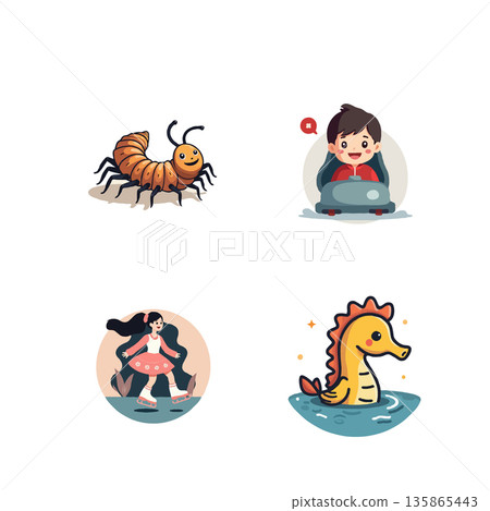 Adorable vector illustration featuring a centipede, a boy in a car, a girl skating, and a seahorse. Perfect for children's books, educational materials, and playful designs. Adorable vector illustration featuring a centipede, a boy in a car, a girl skating, and a seahorse. Perfect for children's books, educational materials, and playful designs. 135865443
