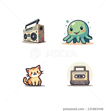 A charming collection of cartoon illustrations featuring a cat, octopus, boombox, and cassette player. Perfect for various creative projects. A charming collection of cartoon illustrations featuring a cat, octopus, boombox, and cassette player. Perfect for various creative projects. 135865446