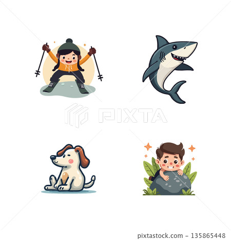 Collection of cute cartoon characters including a skier, shark, dog, and boy hiding behind a rock. Vector illustration. 135865448