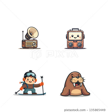 Adorable cartoon icons featuring a vintage radio, happy skier, and friendly walrus. Perfect for playful designs. Adorable cartoon icons featuring a vintage radio, happy skier, and friendly walrus. Perfect for playful designs. 135865449