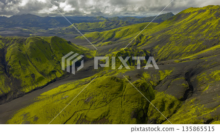 Aerial View of Iceland's Volcanic Landscape with Green Moss Aerial View of Iceland's Volcanic Landscape with Green Moss 135865515