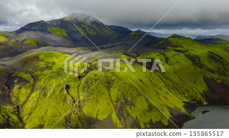 Aerial View of Icelandic Volcanic Landscape with Moss Covered Peaks Aerial View of Icelandic Volcanic Landscape with Moss Covered Peaks 135865517