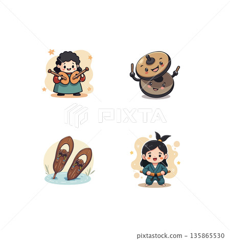Adorable cartoon characters featuring a musician, cymbals, snowshoes, and a martial artist in a playful style. Adorable cartoon characters featuring a musician, cymbals, snowshoes, and a martial artist in a playful style. 135865530
