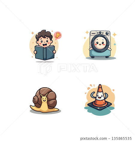 A collection of adorable cartoon characters, perfect for children's illustrations and fun designs. Includes a reading boy, washing machine, snail, and traffic cone. A collection of adorable cartoon characters, perfect for children's illustrations and fun designs. Includes a reading boy, washing machine, snail, and traffic cone. 135865535