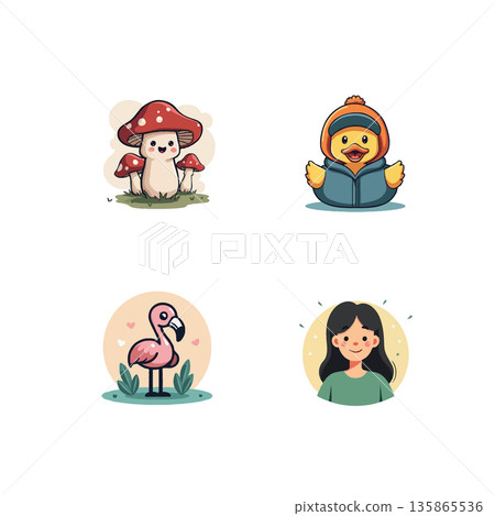 Adorable cartoon illustrations featuring a mushroom, duckling, flamingo, and girl. Perfect for children's books, stickers, and more. Adorable cartoon illustrations featuring a mushroom, duckling, flamingo, and girl. Perfect for children's books, stickers, and more. 135865536