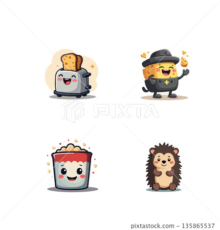 Collection of adorable cartoon characters including a toaster, cheese, popcorn, and hedgehog, perfect for children's illustrations. Collection of adorable cartoon characters including a toaster, cheese, popcorn, and hedgehog, perfect for children's illustrations. 135865537