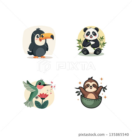 Adorable cartoon animal illustrations featuring a toucan, panda, hummingbird, and sloth. Perfect for kids' designs. 135865540
