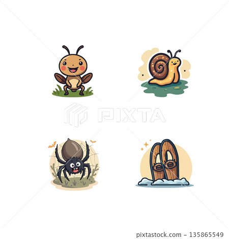 Adorable cartoon illustrations featuring a smiling ant, a happy snail, a playful spider, and a pair of wooden shoes. 135865549