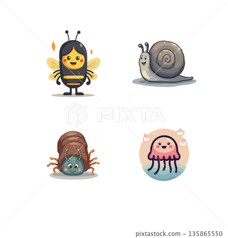 Adorable cartoon animals set featuring a bee, snail, centipede, and jellyfish. Perfect for children's illustrations and designs. Adorable cartoon animals set featuring a bee, snail, centipede, and jellyfish. Perfect for children's illustrations and designs. 135865550