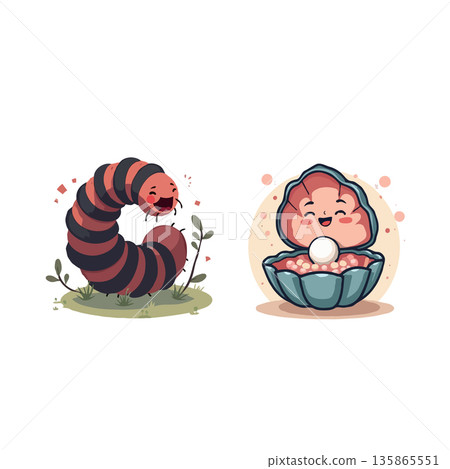 Adorable cartoon illustration featuring a happy caterpillar and a smiling clam with a pearl, perfect for children's content. 135865551