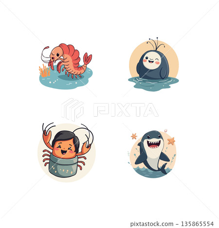 Adorable cartoon set featuring shrimp, whale, crab, and shark. Perfect for kids' illustrations and marine life themes. 135865554