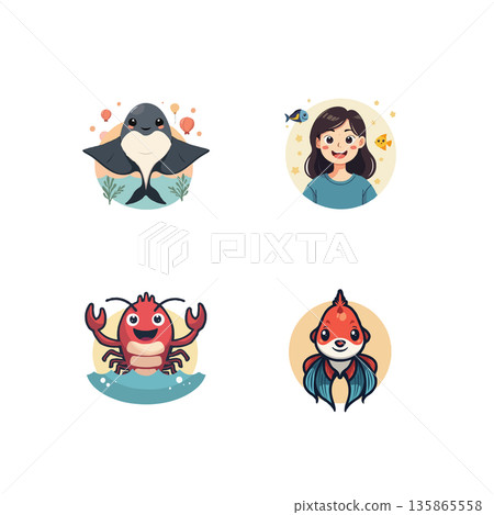 Adorable cartoon illustration featuring a manta ray, girl with fish, crab, and fish character. Perfect for children's books and designs. Adorable cartoon illustration featuring a manta ray, girl with fish, crab, and fish character. Perfect for children's books and designs. 135865558
