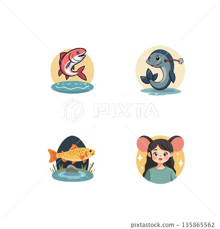 Adorable cartoon icons of fish, dolphin, and a girl with mouse ears. Perfect for children's books, apps, and designs. 135865562