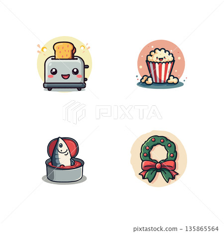 A set of four cute cartoon-style food icons, including a toaster, popcorn, canned fish, and a Christmas wreath. 135865564