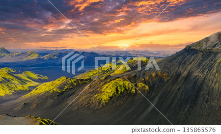 Volcanic Landscape in Iceland at Sunset with Moss Covered Slopes 135865576