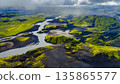 Aerial View of Iceland's Volcanic Landscape with Winding River 135865577